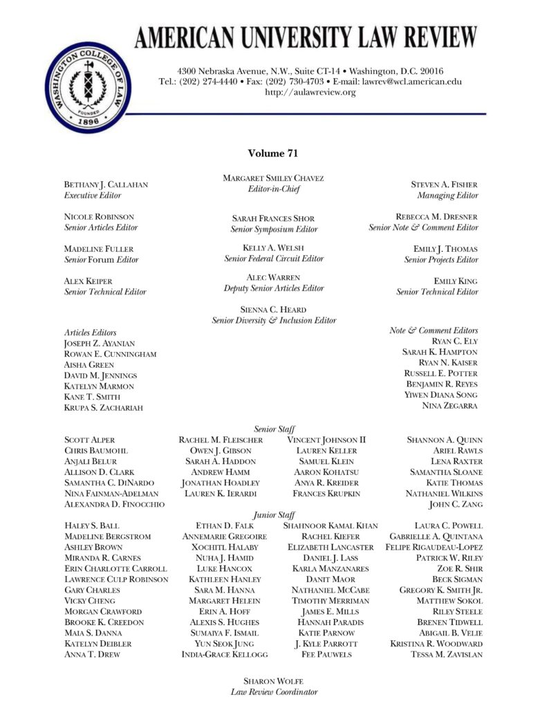 Volume 71 Masthead American University Law Review